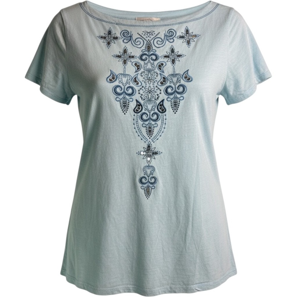 Westport 1962 Top Womens Large Blue Embroidered Sequin Short Sleeve Boat Neck